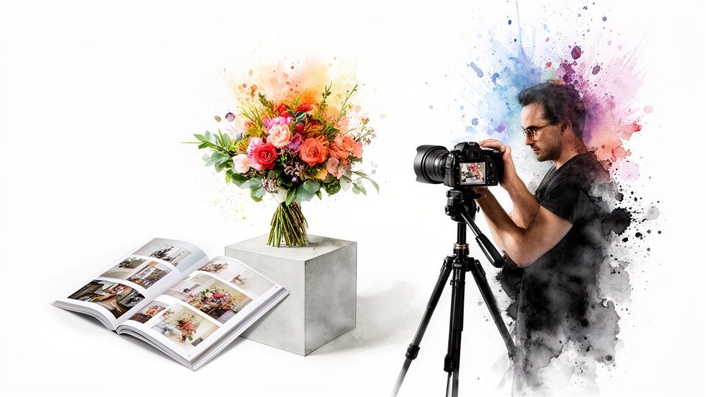 A photographer captures a vibrant floral bouquet, with an open photo album showcasing designs.