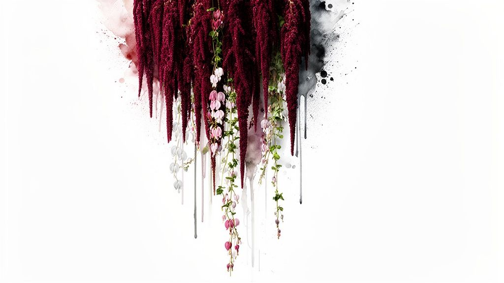 A dramatic composition of dark red hanging flowers and pink bleeding hearts with watercolor splashes on white.