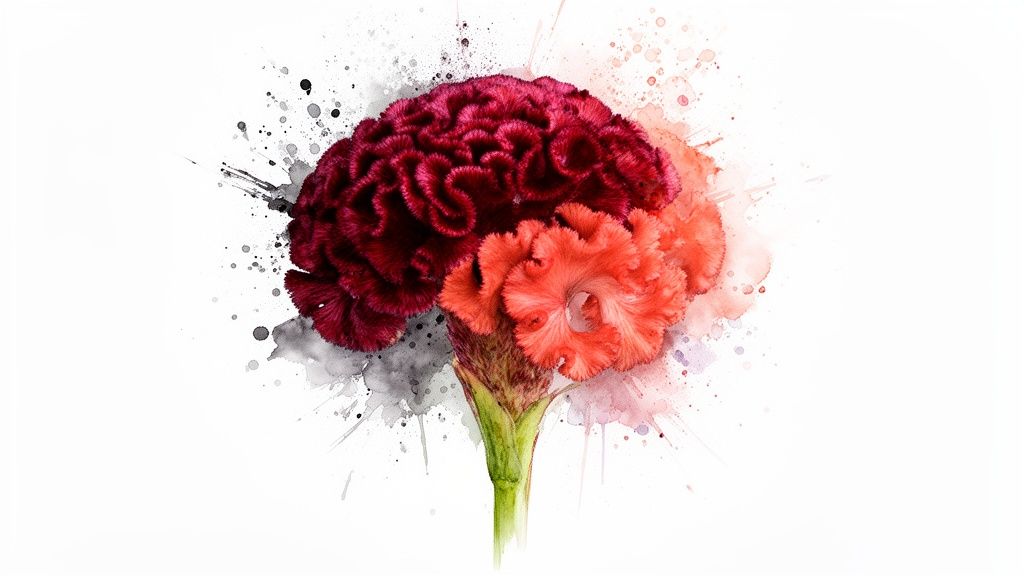 Watercolor art of a brain-shaped Cockscomb flower, deep red and orange, with ink splatters.