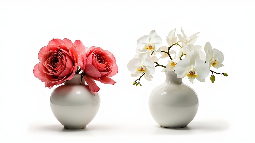 A romantic wedding centerpiece with white and pink roses in a classic vase on a beautifully decorated table.