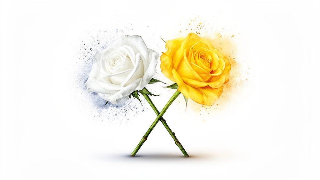 Two vibrant watercolor roses, one white and one yellow, with stems crossed, on a white background.