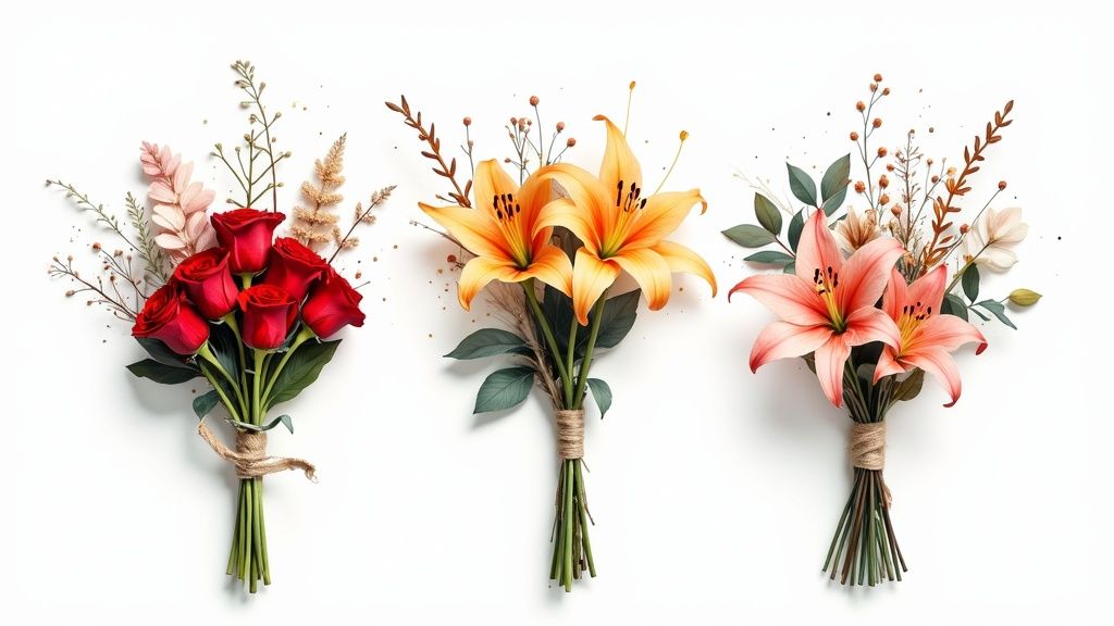 Close-up of three vibrant flower bouquets featuring red roses, orange and pink lilies on white.