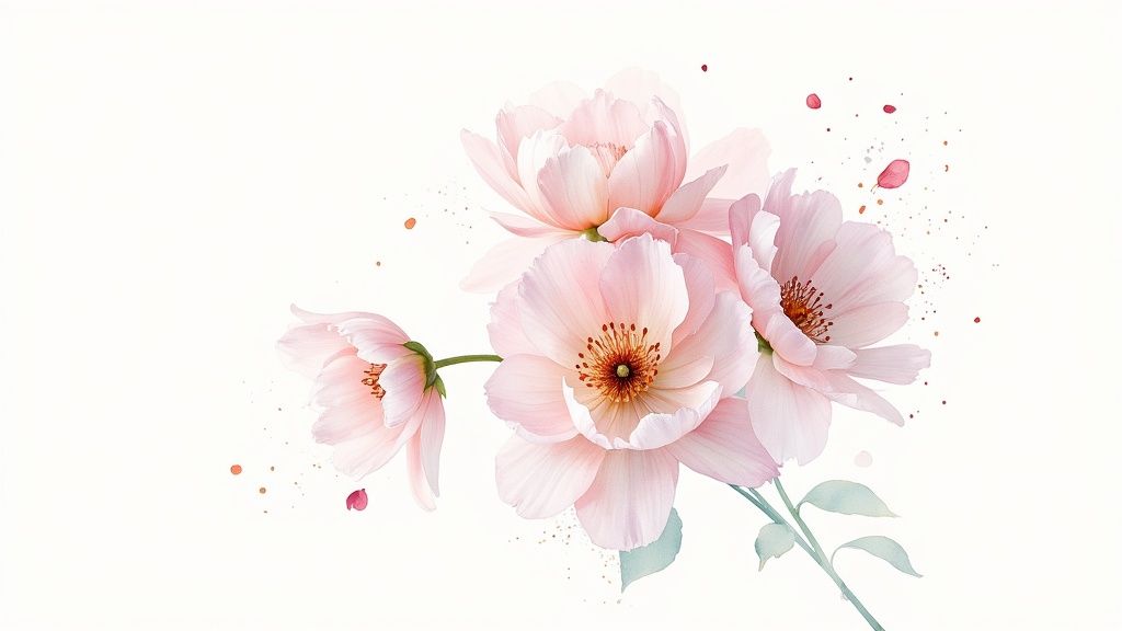 A delicate watercolor painting of light pink flowers with subtle green leaves and scattered specks on a white background.