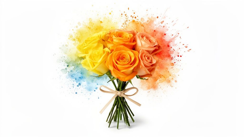 A vibrant bouquet of yellow, orange, and peach roses with colorful watercolor splashes on a white background, tied with a bow.