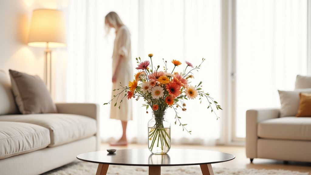 A person smiling while arranging fresh flowers from their weekly delivery in a vase at home.