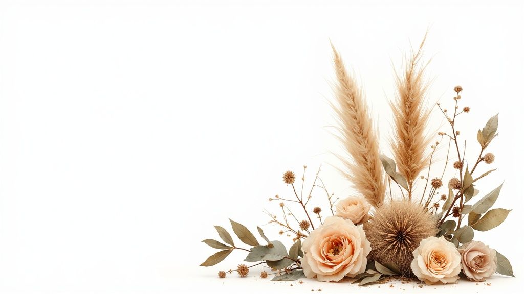 A delicate arrangement of dried pampas grass, light pink roses, and botanicals on a white background.