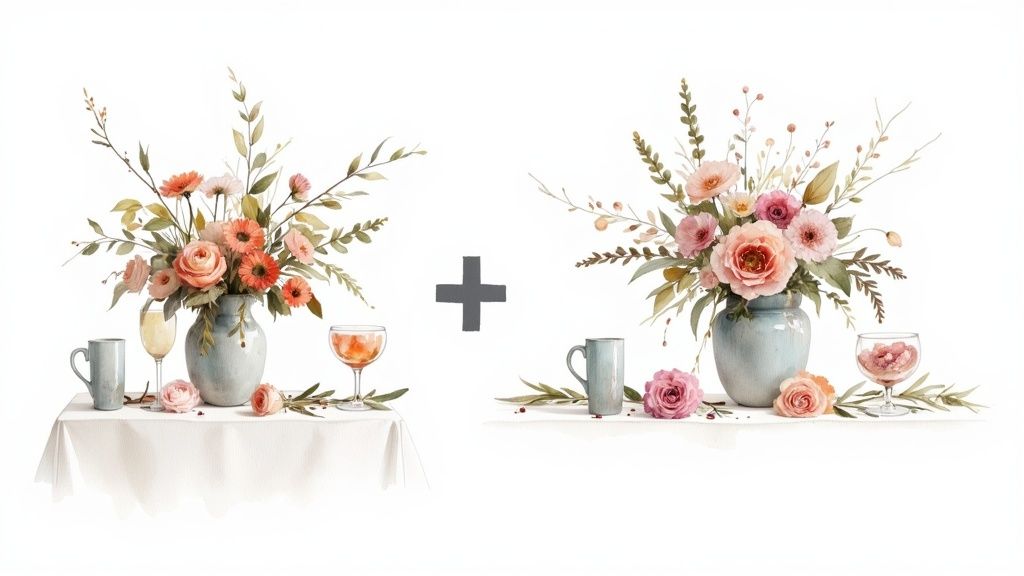 A beautiful floral arrangement being moved from a wedding ceremony space to a reception table.