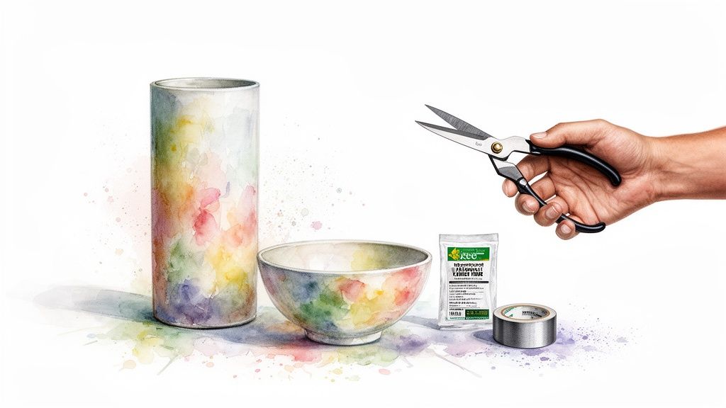 A hand holding shears next to a watercolor vase, bowl, flower food, and tape for flower arranging.