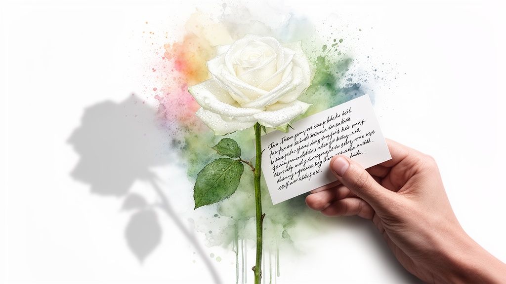 A beautiful white rose with dew drops, colorful watercolor background, and a hand holding a heartfelt note.