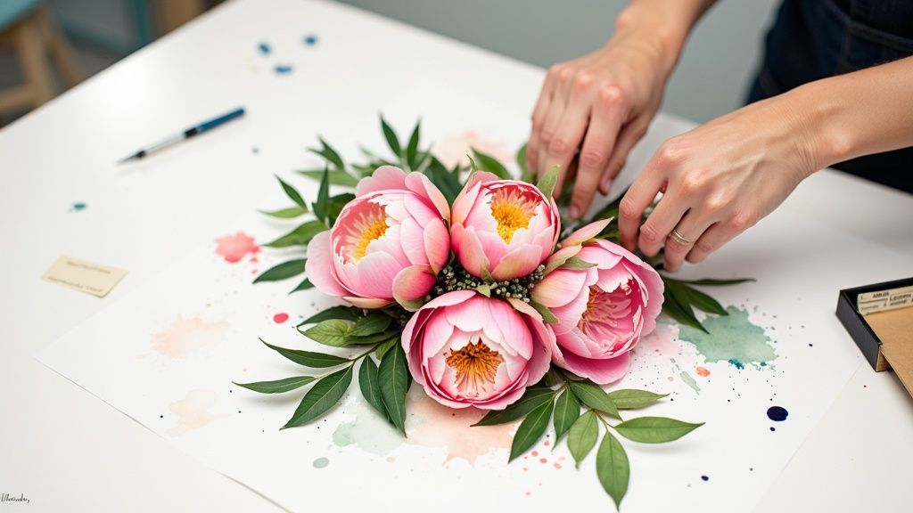 A florist arranging a colorful bouquet of flowers in a brightly lit shop