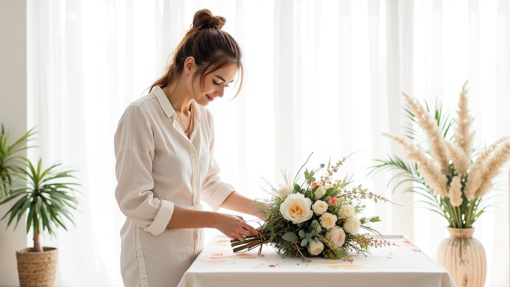 A smiling woman in a light shirt arranging a large, elegant floral bouquet on a white table.