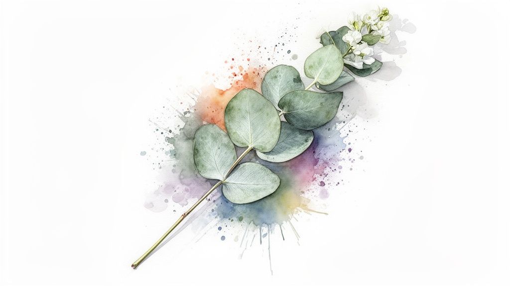 Watercolor illustration of a eucalyptus branch with green leaves and delicate white flowers on a colorful splatter background.