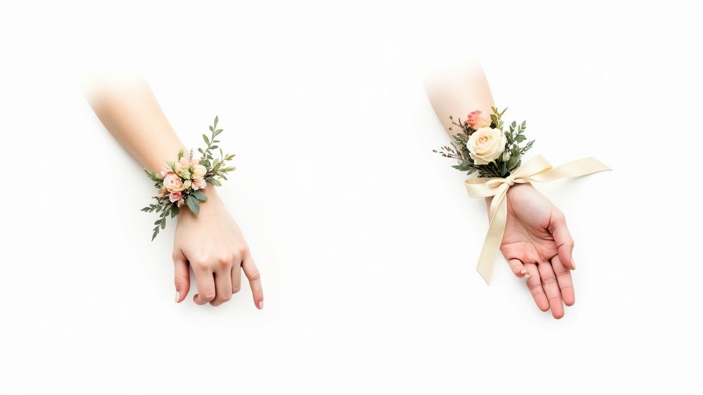 Two female arms displaying elegant wrist corsages with delicate flowers and foliage on a white background.