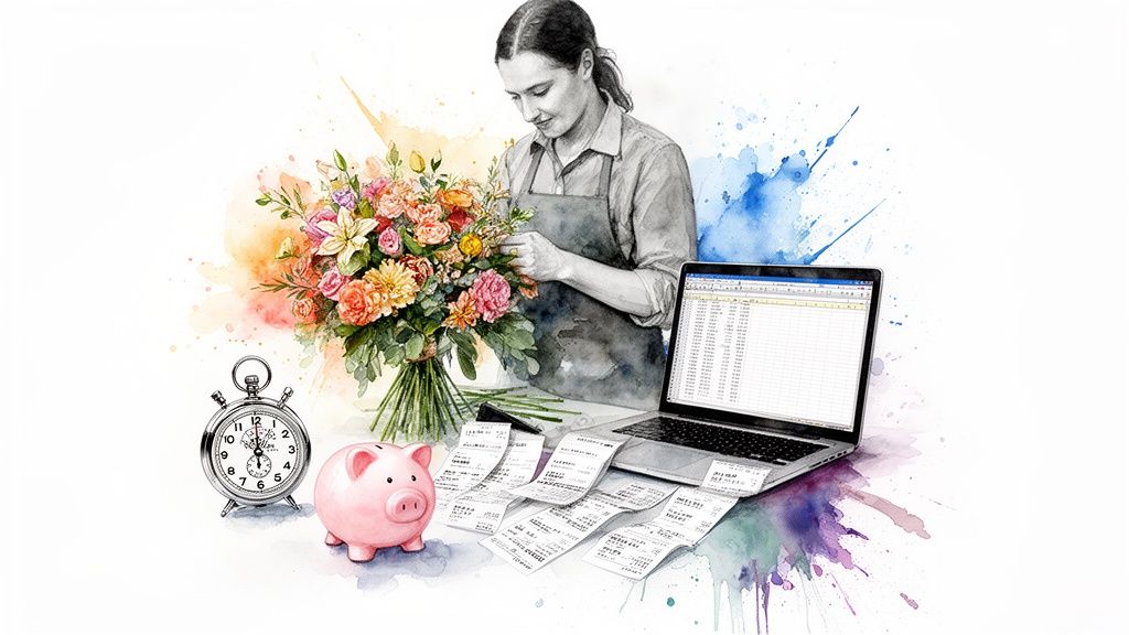 A florist working on a colorful flower bouquet, surrounded by business tools like a laptop, receipts, stopwatch, and piggy bank.