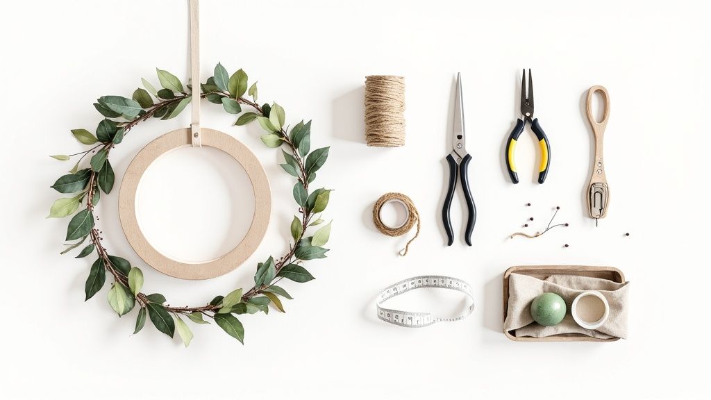Flat lay of crafting tools and materials for making a botanical wreath on a white background.