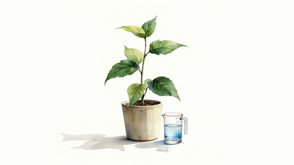 Potted hydrangea plant with green leaves next to glass measuring cup and watering schedule