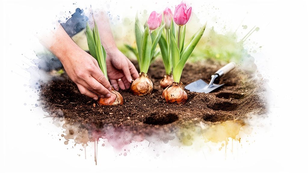 Hands planting tulip bulbs into rich soil, with blooming pink tulips and a gardening trowel.