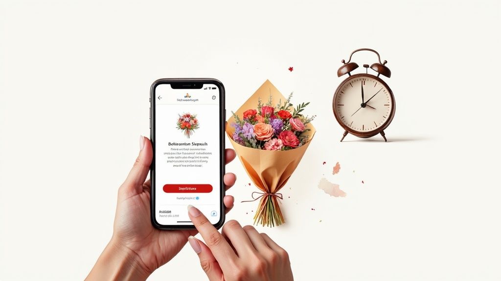 A person uses a smartphone displaying a flower delivery app, next to a fresh bouquet and an alarm clock.