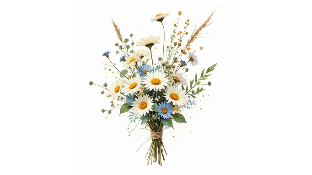 A vibrant bouquet featuring white daisies, blue cornflowers, green leaves, and wheat stems, tied with twine.