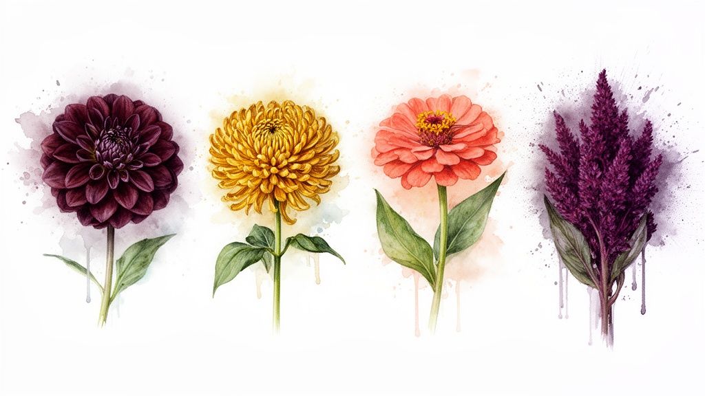 Four beautiful watercolor flowers: a dark red dahlia, yellow chrysanthemum, coral zinnia, and purple salvia.