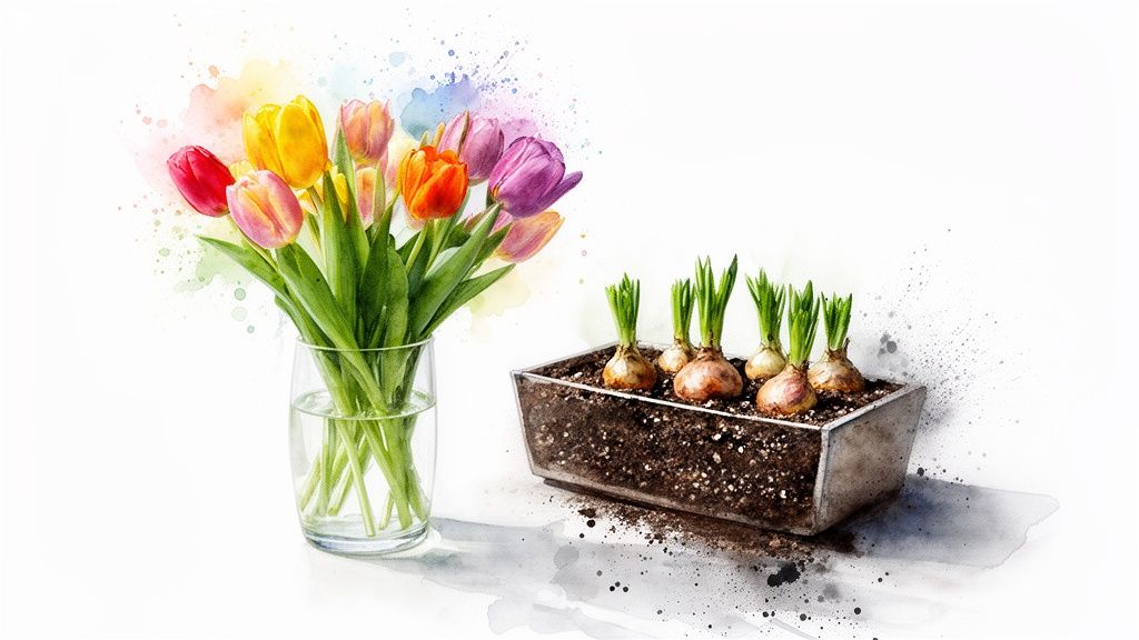 A vibrant watercolor painting of colorful tulips in a glass vase and sprouting bulbs in a planter.