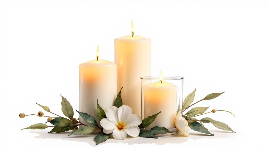 Three lit candles, adorned with green leaves and a white plumeria flower, on a white background.