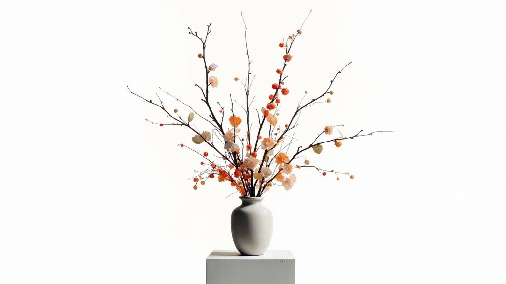 Elegant Japanese-style ikebana with bare branches, small orange flowers, and red berries in a white vase.
