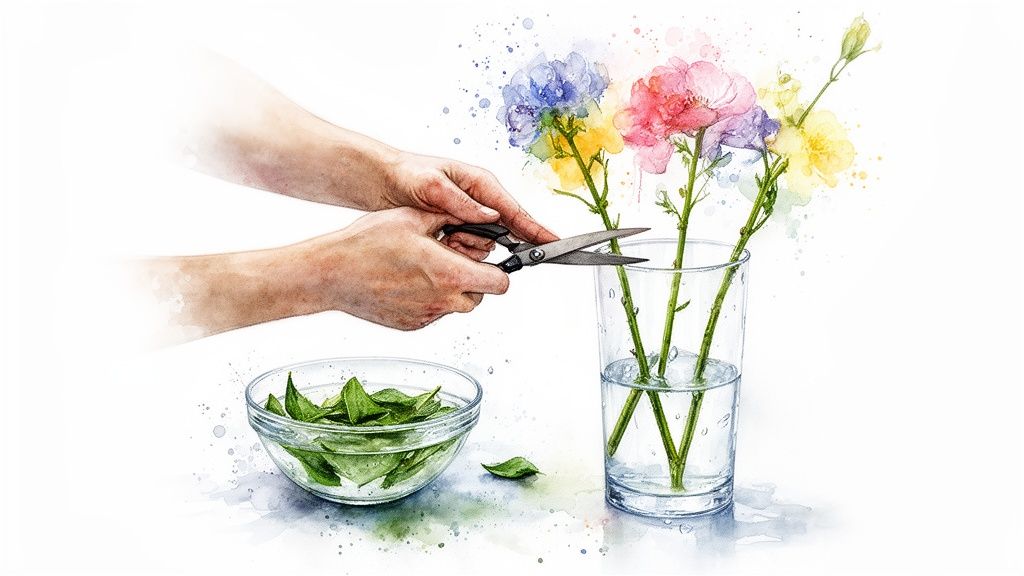 Watercolor illustration of hands trimming colorful flower stems for a vase, with a bowl of leaves.