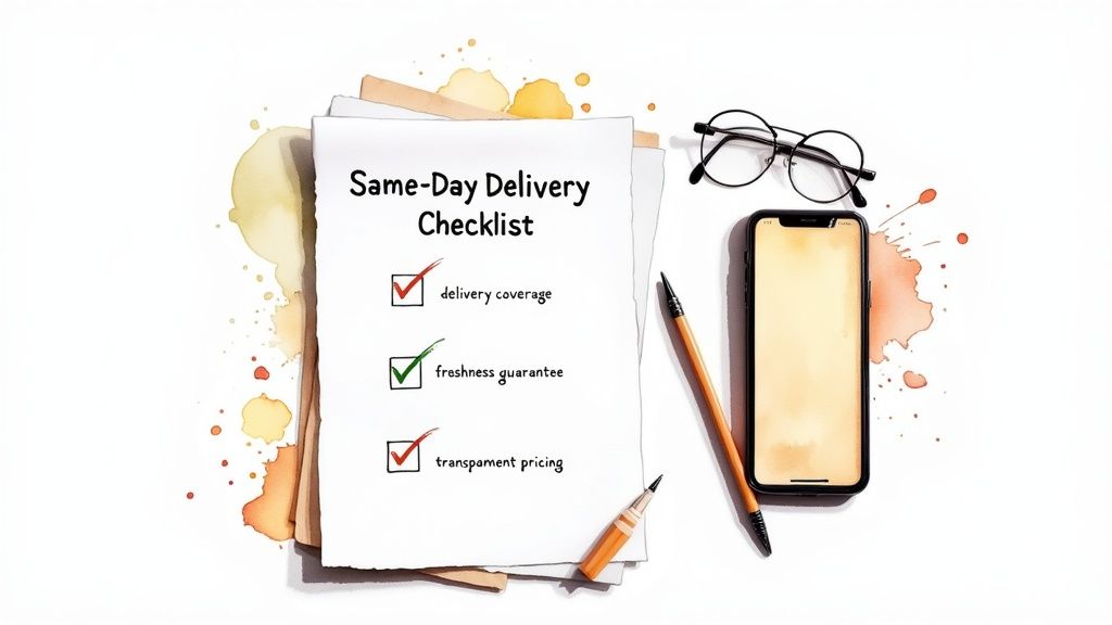 A person happily receives a beautiful bouquet of flowers at their doorstep from a delivery person.