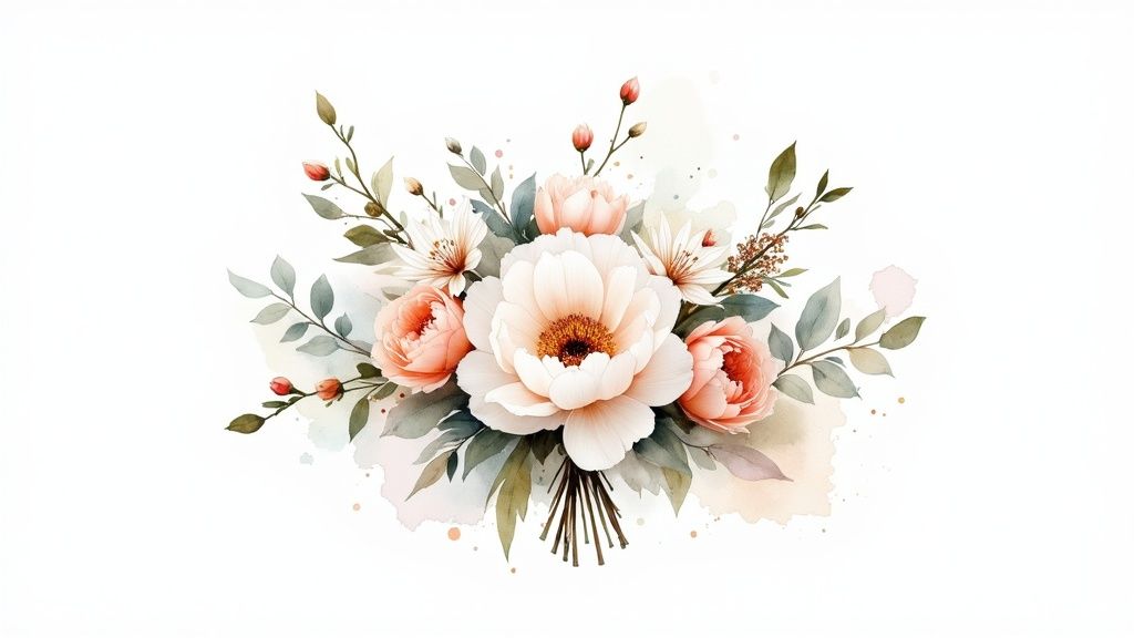 A beautiful watercolor illustration of a floral bouquet with white and peach flowers and green leaves.