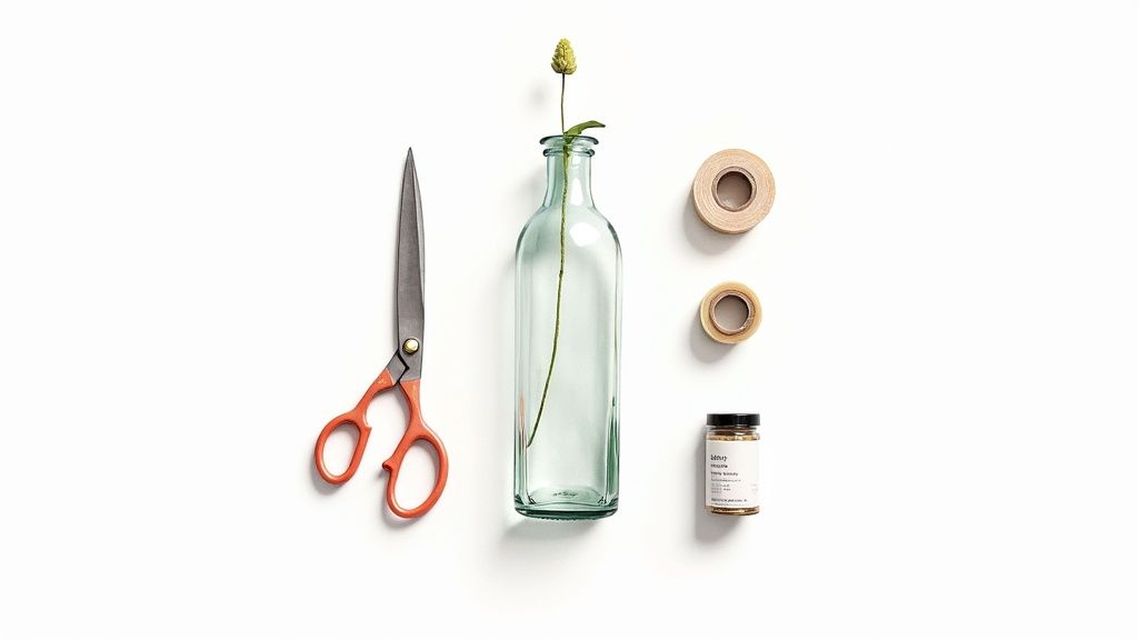 A collection of floral design tools including shears, wire, and a vase, laid out on a table