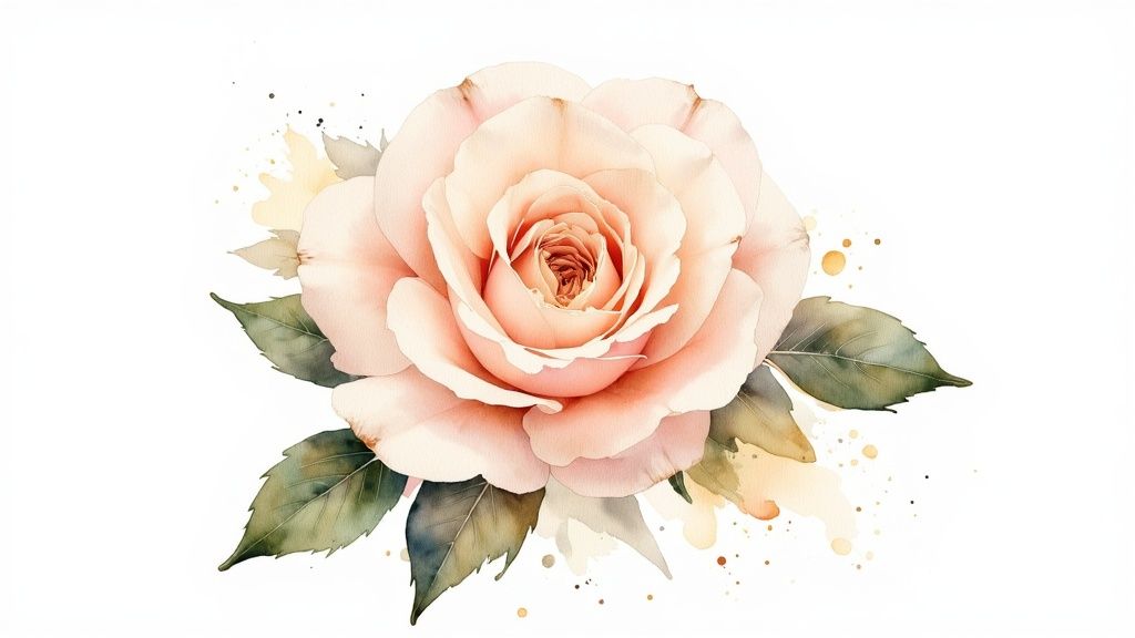 A beautiful watercolor illustration of a soft pink rose with green leaves and artistic splatters on white.