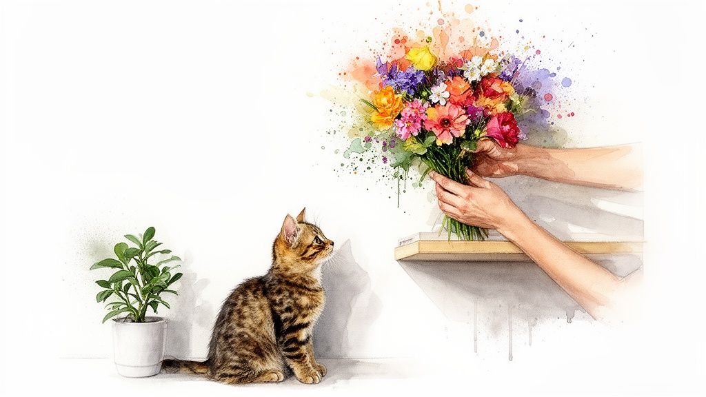 A watercolor illustration of a tabby cat looking up at a vibrant bouquet of flowers.