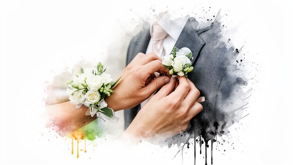 Close-up of hands pinning a white floral boutonniere onto a suit, with a matching wrist corsage.