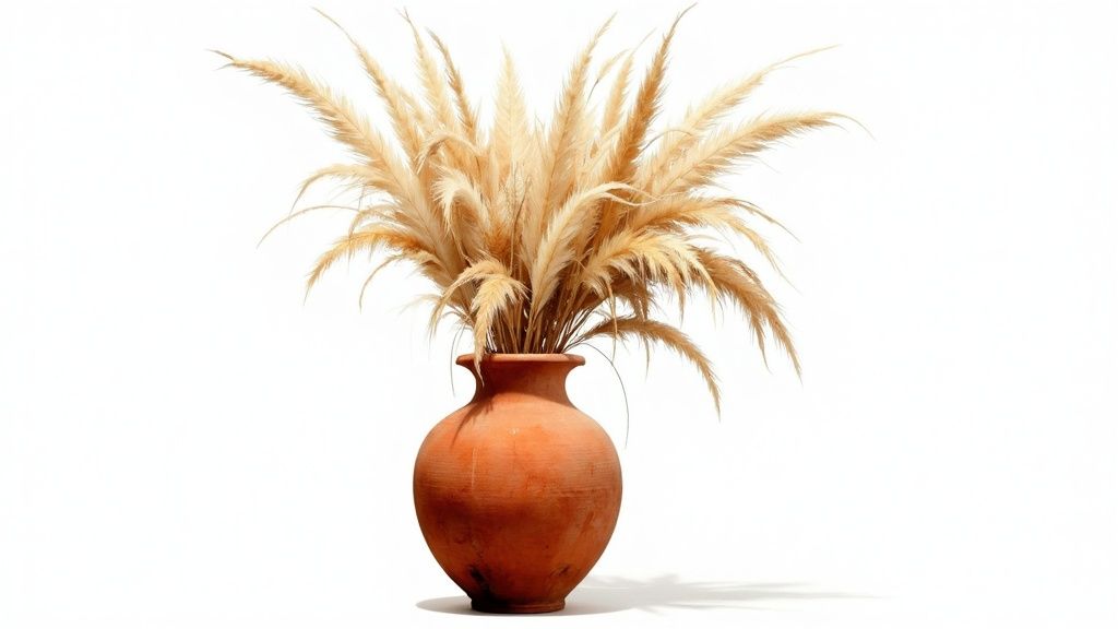 A rustic terracotta vase holds a voluminous bouquet of fluffy dried pampas grass against a white background.