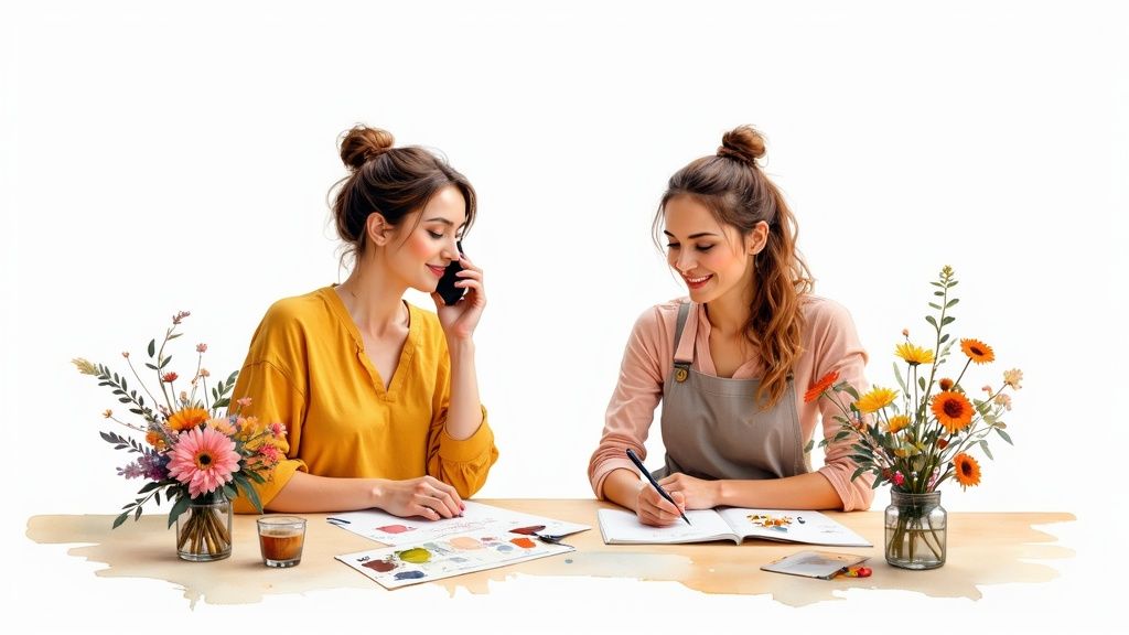 A customer speaking with a florist in a flower shop, pointing to different blooms.