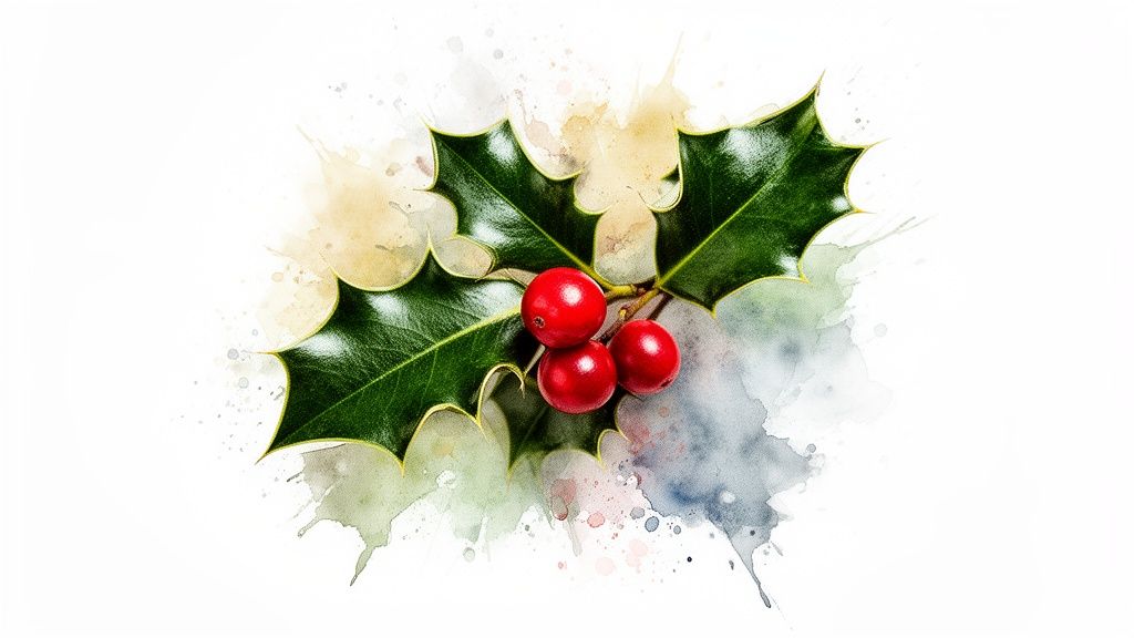 A festive watercolor illustration of green holly leaves and bright red berries on a white background.