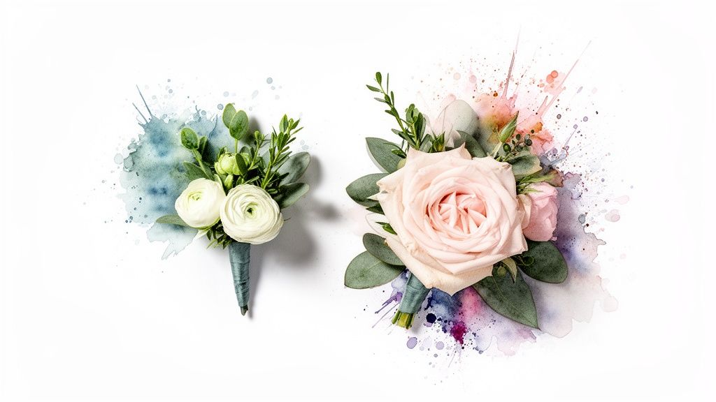 Elegant watercolor floral arrangements: a white ranunculus boutonniere and a pink rose corsage.