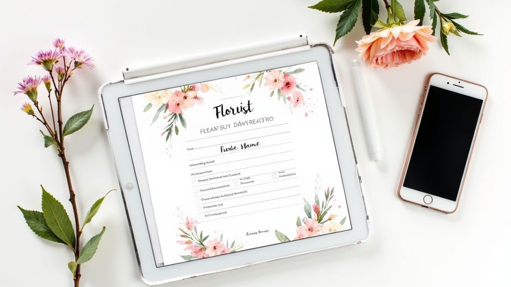 A close-up of a person typing on a laptop to order flowers.