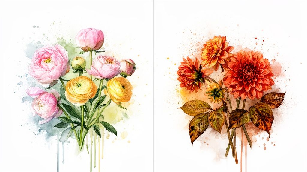 Two vibrant watercolor bouquets: one with pink peonies and yellow ranunculus, and another with orange dahlias.