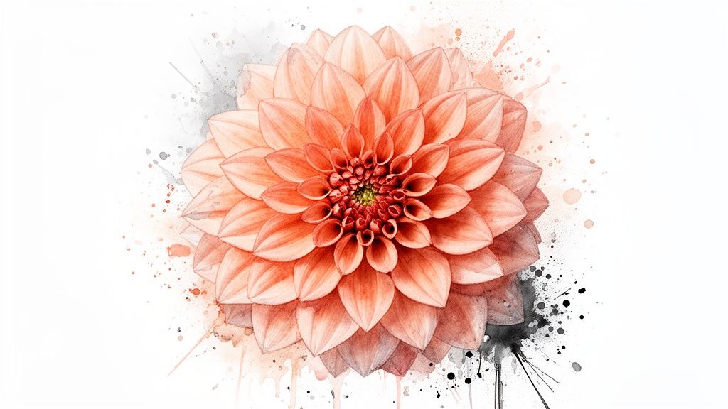 A vibrant coral dahlia flower watercolor painting with abstract splatters on a white background.