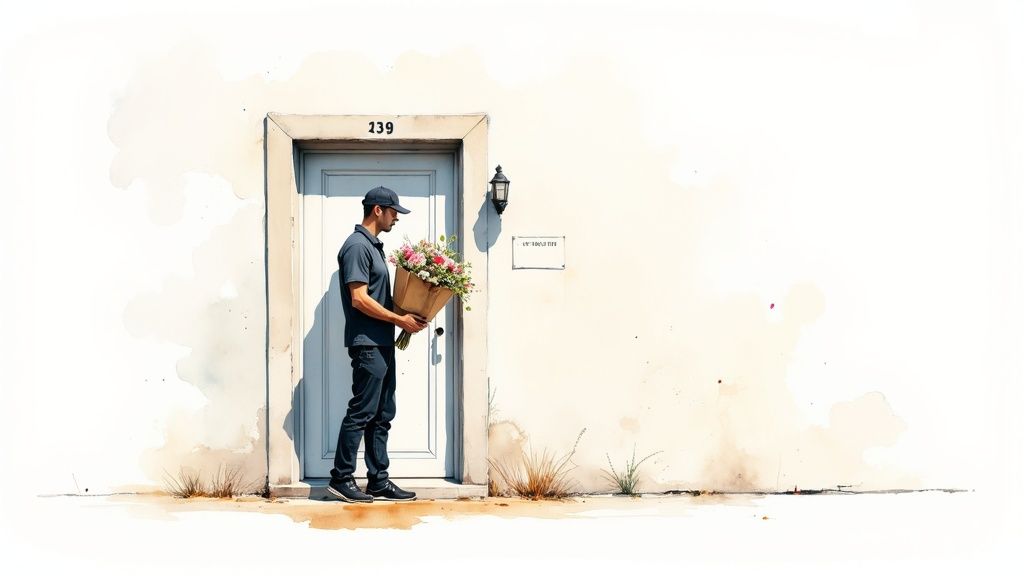 A man in a delivery uniform holds a large bouquet of pink flowers outside a door numbered 139.