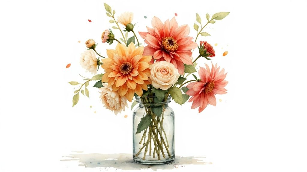 Watercolor painting of a vibrant bouquet of orange, coral, and cream dahlias and roses in a glass jar.