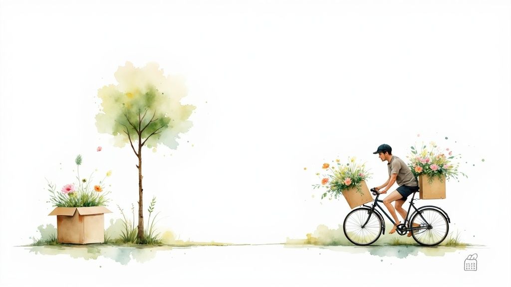 Watercolor illustration: a man on a bicycle delivers flowers, with a tree and flowers nearby.
