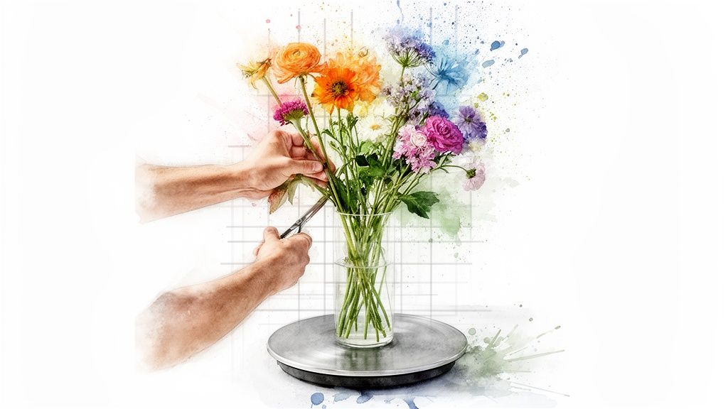 Close-up of hands cutting stems to arrange a beautiful, colorful flower bouquet in a clear vase.