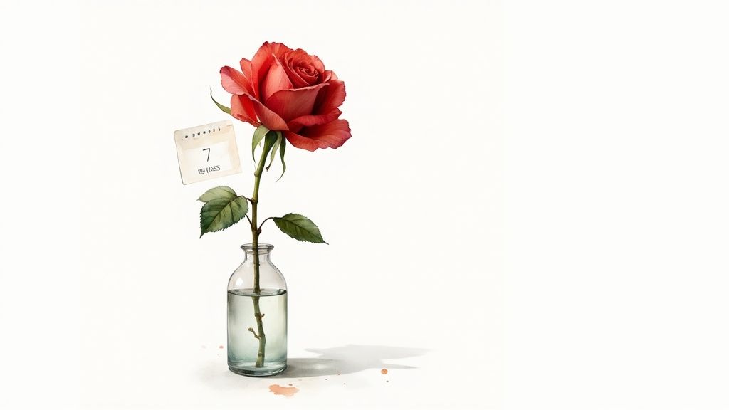 Single red rose in glass vase with water and calendar note showing 7 days