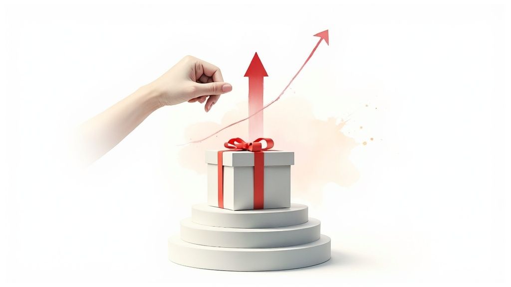 A beautifully wrapped gift box with a floral arrangement being handed over