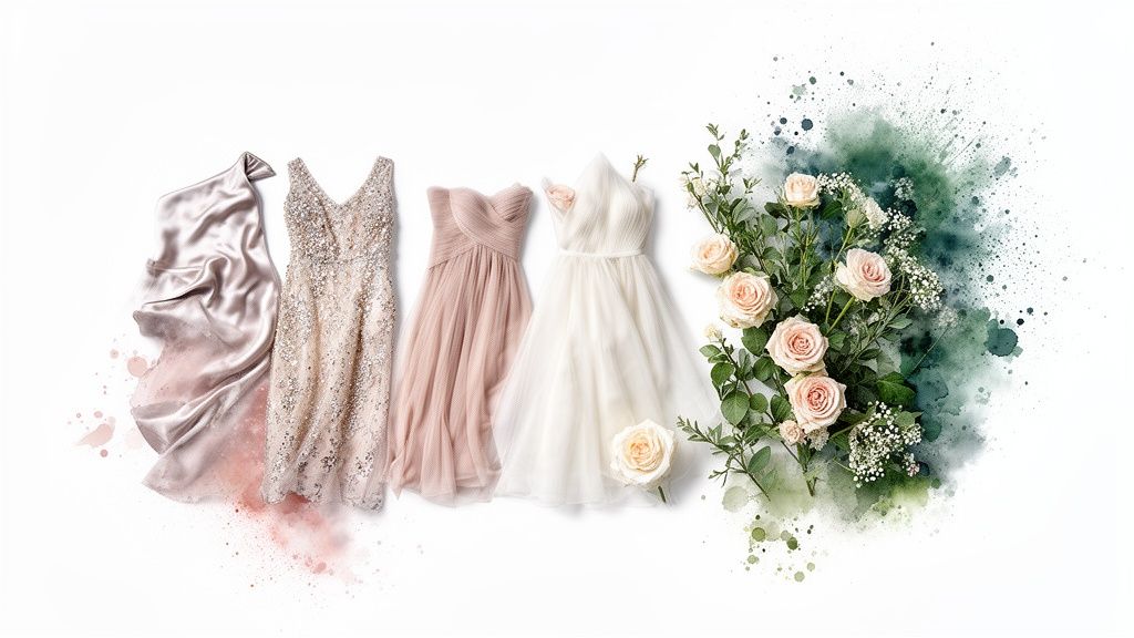 Elegant formal dresses in soft colors with a bouquet of pink roses and green foliage.