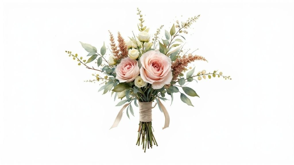 Watercolor illustration of a delicate wedding bouquet featuring pink and white roses with green foliage.