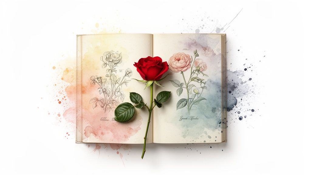 An open botanical book with rose illustrations and a vibrant red rose on top, surrounded by watercolor splashes.